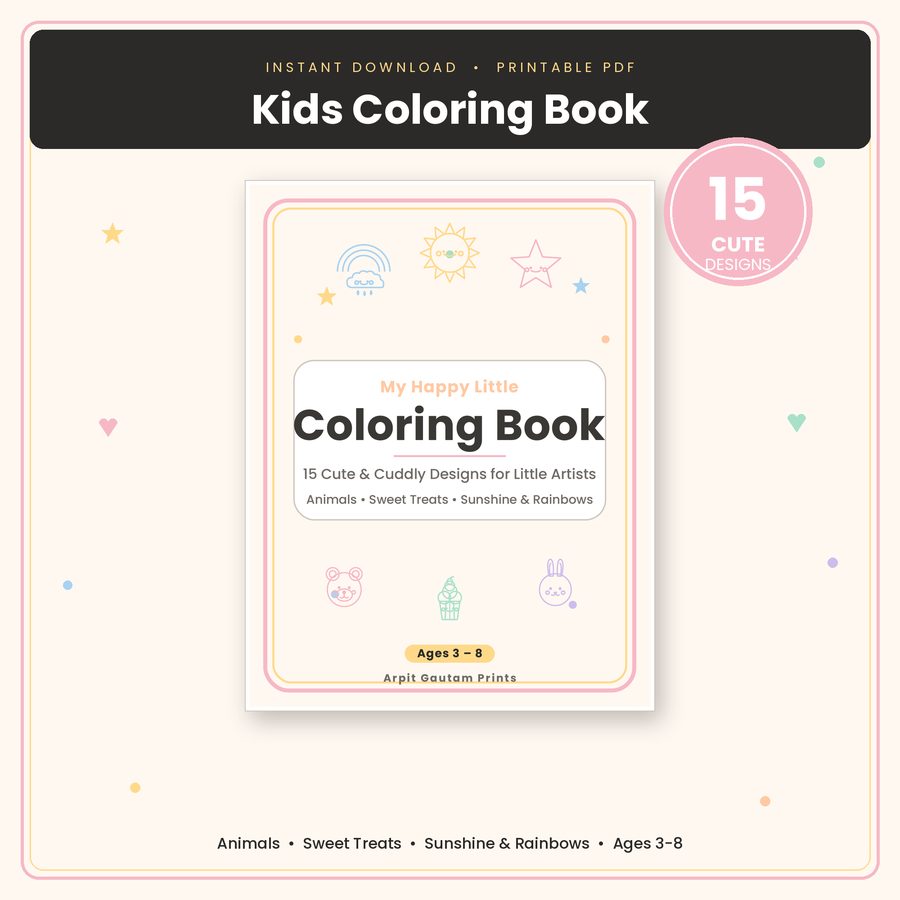 Kids kawaii printable coloring book digital download